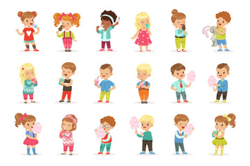 Set of little boys and girls drinking cocktails and eating sweets