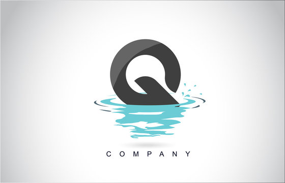 Q Letter Logo Design with Water Splash Ripples Drops Reflection