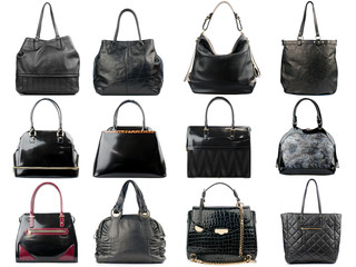 Black female handbags collection isolated on white background.Front view.
