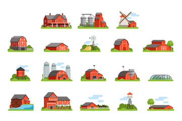Farm house and constructions set, agriculture industry and countryside buildings vector Illustrations