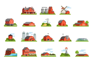 Meubelstickers Boerderij Boerderij en constructies set, landbouw industrie en platteland gebouwen vector illustraties