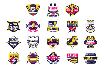 Flash lightning company logo design template, elements and symbols for electrical, engineering company, club vector Illustrations
