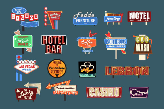 Neon signboards, billboards, light boxes and banners set of vector Illustrations