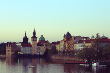Fototapeta premium prague bridges river / panoramic tourist view czech republic capital. Landscape with bridges across the river of vltava in Prague