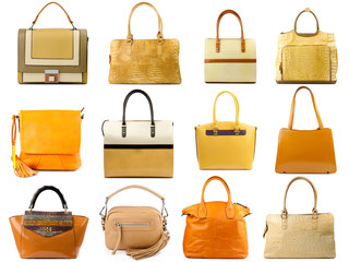 Yellow female handbags collection isolated on white background.Front view.
