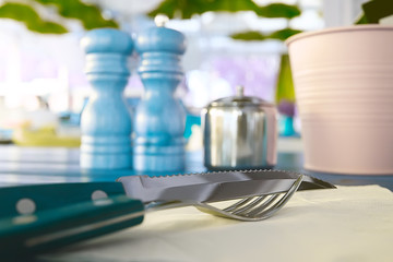 outdoor cafe / table and serving in an outdoor cafe in Paris, France, summer meal outdoors