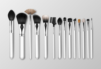 Vector Set of Black Clean Professional Makeup Concealer Powder Blush Eye Shadow Brow Brushes with White Handles Isolated on White Background