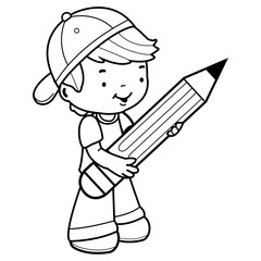 Student child holding a big pencil. Vector black and white coloring page
