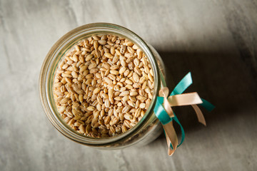wheat seeds in glass jar on table