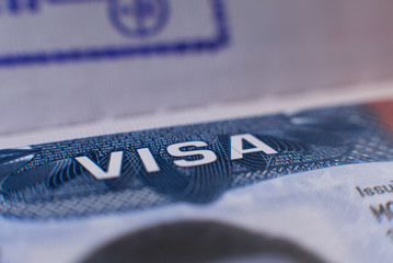 Inscription "VISA" in passport close up