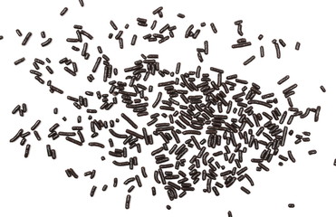Decorative chocolate sprinkles, granules for cakes and pastries isolated on white background and texture, top view