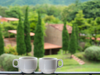 couple cup of coffee with mountains landscape.  Beauty nature background, copy space, relax time