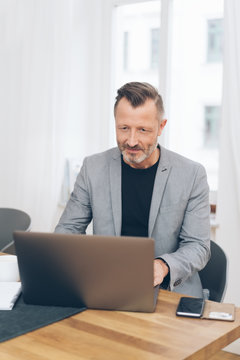 Mature man wearing grey jacket working with laptop
