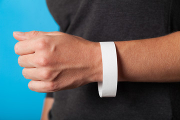 Concert paper bracelet mockup, event wristband. Arm activity accessory, adhesive, cheap.