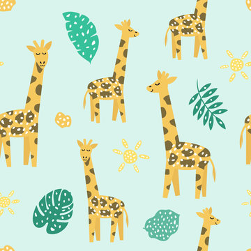 Childish seamless pattern with cute giraffe. Creative texture for fabric