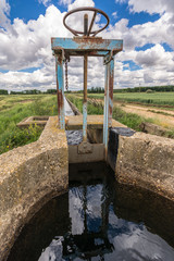 Fototapeta na wymiar Water channel in a irrigated crop plantation in the province of Zamora (Spain)