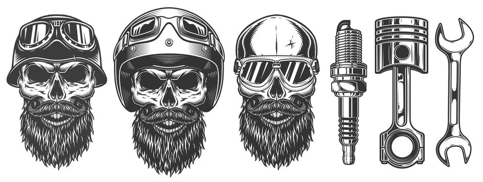 Set of skulls in the biker equipment