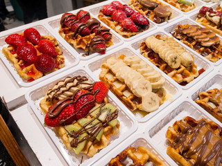 Close up shot of delicious fruit chocolate pancake
