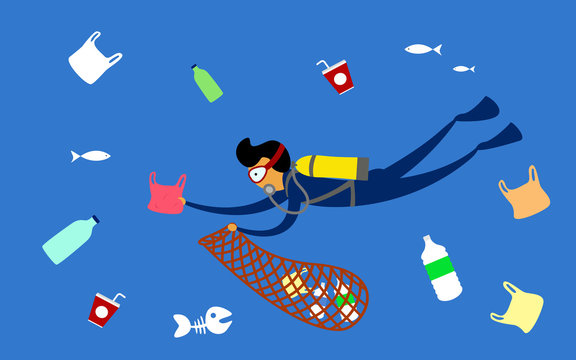 Stop plastic pollution. Reduce, Reuse, Recycle. Scuba diver cleaning plastic trash from ocean. vector illustration.