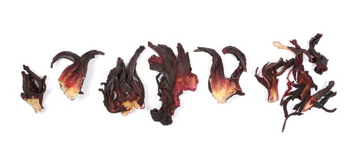 Pile of dry hibiscus flowers set and collection, isolated on white background, top view