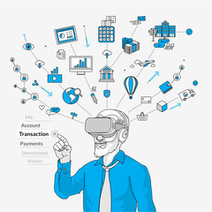 Manager using virtual reality glasses for his work.  Modern illustration in linear style.