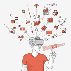 Man using virtual reality glasses for 
 online shopping and entertainment. Modern illustration in linear style.