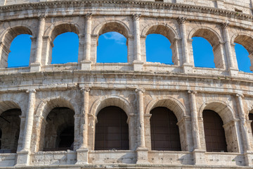 Close up detailed view of the exterior wall of the Colosseum in Rome, Italy.