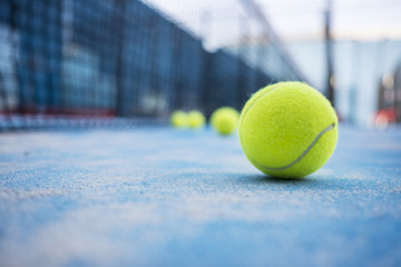 Paddle tennis court, net, racket, balls.