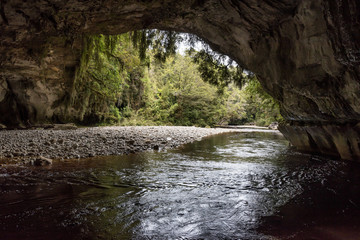 The Oparara River flowing out of the 219 metre long Moira Gate Arch. In the Kahurangi National...