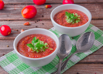 The best authentic, delicious, fresh gazpacho ,chilled, Spanish tomato soup from only raw ingredients with tomato, cucumber, bell pepper, onion,garlic, olive oil. Tasty   food. Vegetarian concept