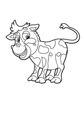cartoon scene with happy little cow on white background - vector coloring page - illustration for children