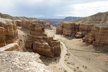 Charyn Canyon in Almaty region of Kazakhstan. Beautiful view of the canyon from the observation deck