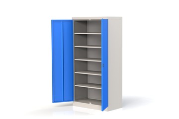 Metal cabinet with shelves for tools. Fireproof shelving for documents. 3D model rendering.