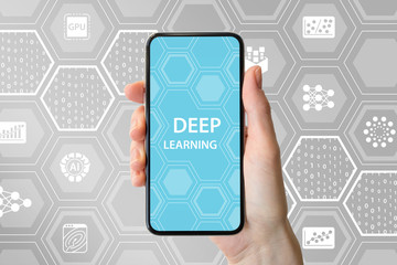 Deep learning concept. Hand holding modern frameless smartphone with icons in background.