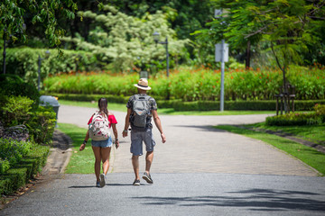 Lover travelers walking