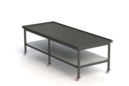Working table of black metal covered with rubber. On white isolated background. 3D rendering,  3D illustration.