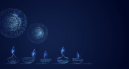 Hand Drawn Illusration of Diwali lamps with Lights on Dark Blue Background. Vector Illustration
