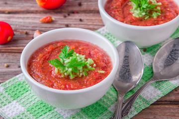 The best authentic, delicious, fresh gazpacho ,chilled, Spanish tomato soup from only raw ingredients with tomato, cucumber, bell pepper, onion,garlic, olive oil. Tasty   food. Vegetarian concept