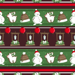 Christmas illustration pattern with decorations, hats, snowman. use for postcards, wallpapers, textiles, scrapbooking, decoration, invitations, background, holiday.