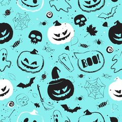Halloween light blue seamless pattern with main symbols - pumpkins, skull, spiderweb, ghost and bats. Vector illustration