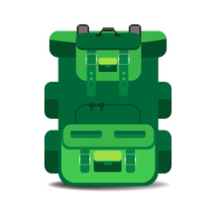 Isolated green backpack with many pockets and zippers