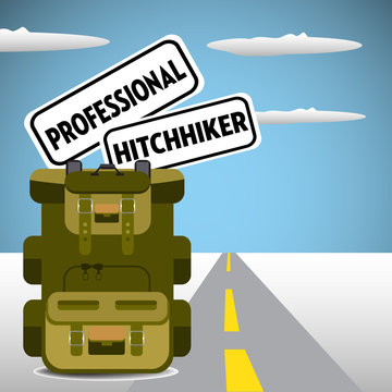 Two plates with the text professional hitchhiker in a backpack. Hitchhiking theme