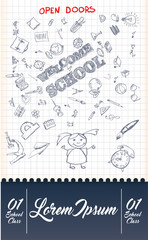 Obraz premium Welcome to school poster template. Design with various educational equipments on list sheet.Vector illustration.