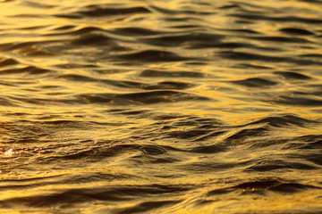 Smooth water in the sea in the rays of sunset