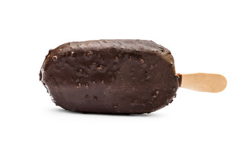 Chocolate ice cream on a stick on white background.