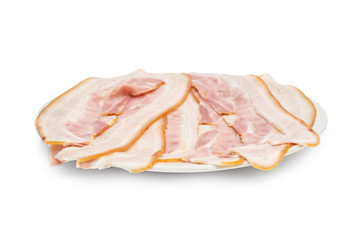 Plate of thin cutted bacon on white.