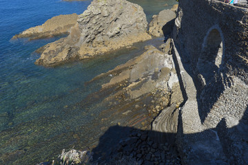 cliff with rocks, San Juan Gaztelugatxe island view, basque country, historical island with chapel...