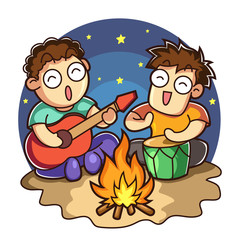 Young man near the fire playing music