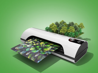 Modern high resolution wide format printing concept The real forest is transformed into an image passing through the printer 3d render on green - obrazy, fototapety, plakaty