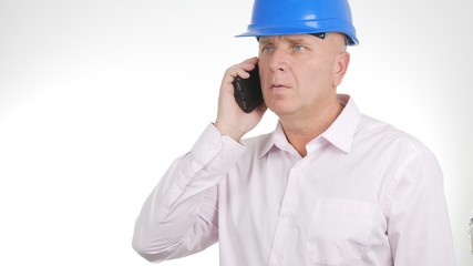 Confident Engineer Image Talking Business to Cellphone